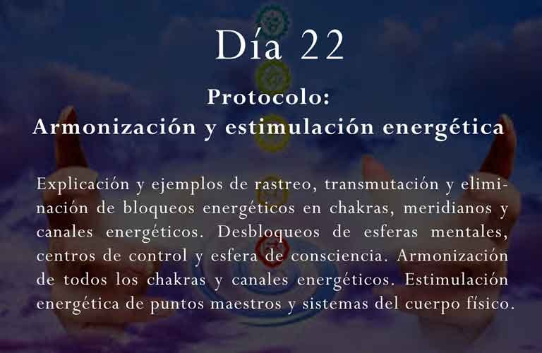 Explicación y ejemplos de rastreo, transmutación y eliminación de bloqueos energéticos en chakras, meridianos y canales energéticos. Desbloqueos de esferas mentales, centros de control y esfera de consciencia. Armonización de todos los chakras y canales energéticos. Estimulación energética de puntos maestros y sistemas del cuerpo físico.