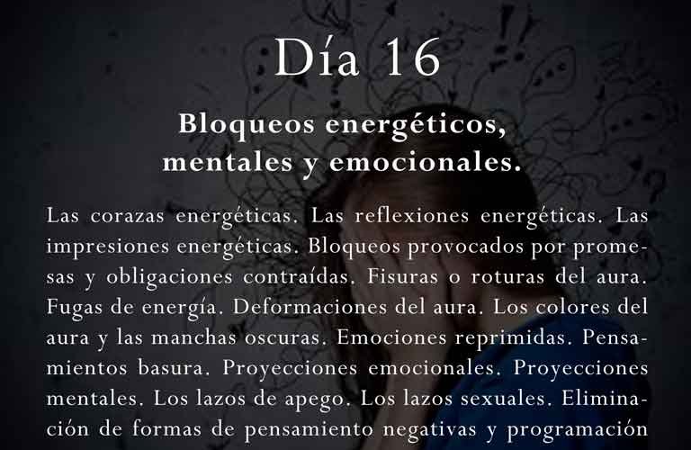 Las corazas energéticas. Las reflexiones energéticas. Las impresiones energéticas. Bloqueos provocados por promesas y obligaciones contraídas. Fisuras o roturas del aura. Fugas de energía. Deformaciones del aura. Los colores del aura y las manchas oscuras. Emociones reprimidas. Pensamientos basura. Proyecciones emocionales. Proyecciones mentales. Los lazos de apego. Los lazos sexuales. Eliminación de formas de pensamiento negativas y programación mental negativa. Eliminación de patrones de conducta y comportamiento.