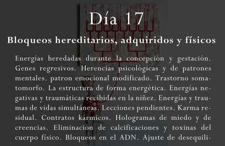 Energías heredadas durante la concepción y gestación. Genes regresivos. Herencias psicológicas y de patrones mentales. patron emocional modificado. Trastorno somatomorfo. La estructura de forma energética. Energías negativas y traumáticas recibidas en la niñez. Energías y traumas de vidas simultáneas. Lecciones pendientes. Karma residual. Contratos kármicos. Hologramas de miedo y de creencias. Eliminación de calcificaciones y toxinas del cuerpo físico. Bloqueos en el ADN. Ajuste de desequilibrios hormonales. Eliminación de virus, bacteria, parásitos y hongos en el cuerpo físico.