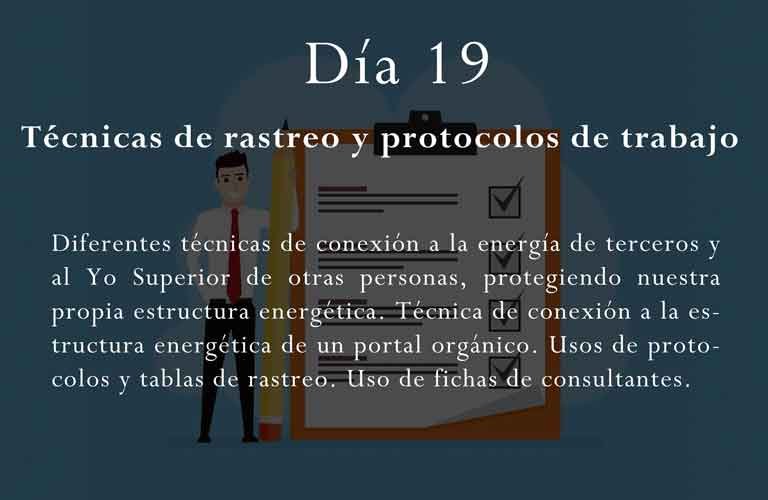 Diferentes técnicas de conexión a la energía de terceros y al Yo Superior de otras personas, protegiendo nuestra propia estructura energética. Técnica de conexión a la estructura energética de un portal orgánico. Usos de protocolos y tablas de rastreo. Uso de fichas de consultantes.